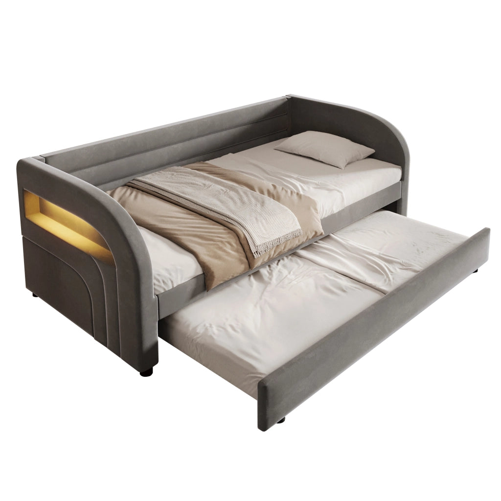 Letto Contenitore Imbottito 90x200 cm con Letto Estraibile; LED; Grigio