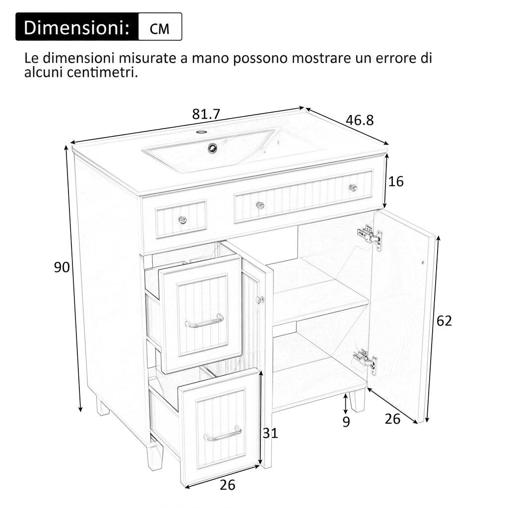 Mobile Bagno a Terra 81;7 cm con Lavabo in Ceramica; Cassetti e Anta; MDF; Bianco