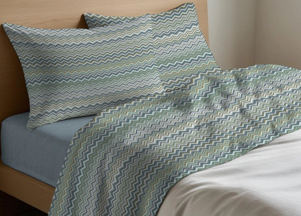 Completo Lenzuola Letto In 100% Cotone Rigato Zig Zag Disegno Baia - 1 Piazza e Mezza - Verde