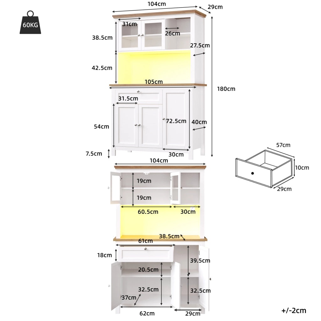Credenza da cucina alta con ante scorrevoli e 3 ripiani regolabili, LED per cucina, MDF bianco, 104 × 40 × 180 cm