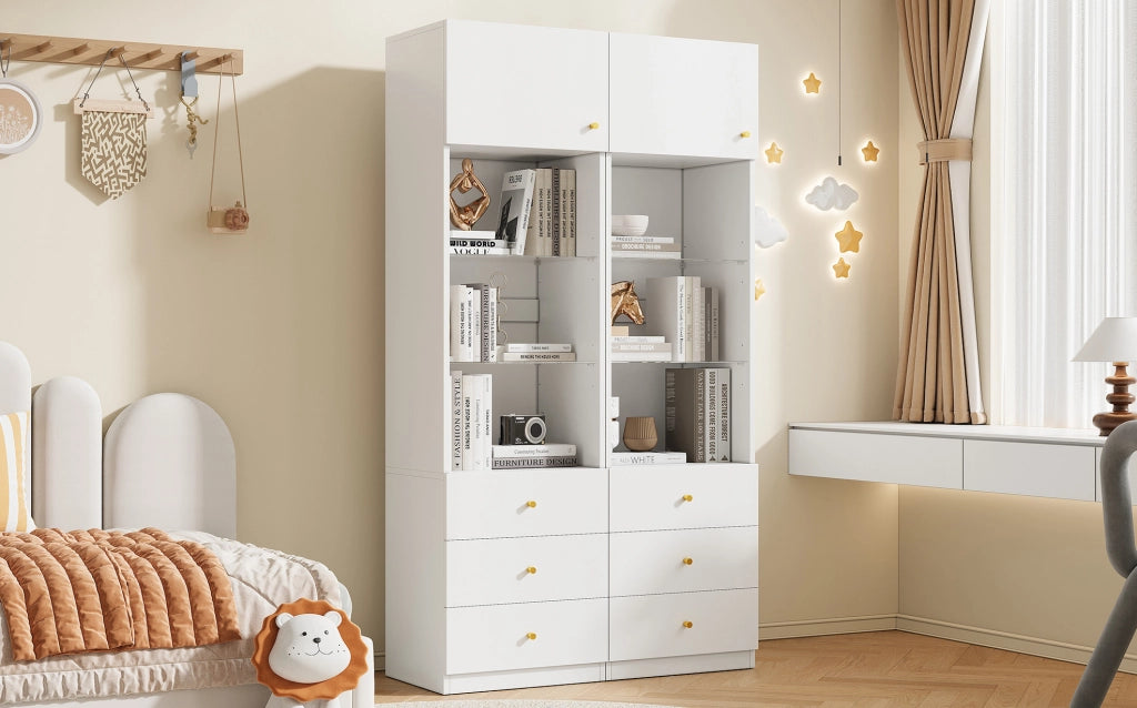 Mobiletto contenitore bianco 100×40×180 cm con ripiani in vetro regolabili e 3 cassetti