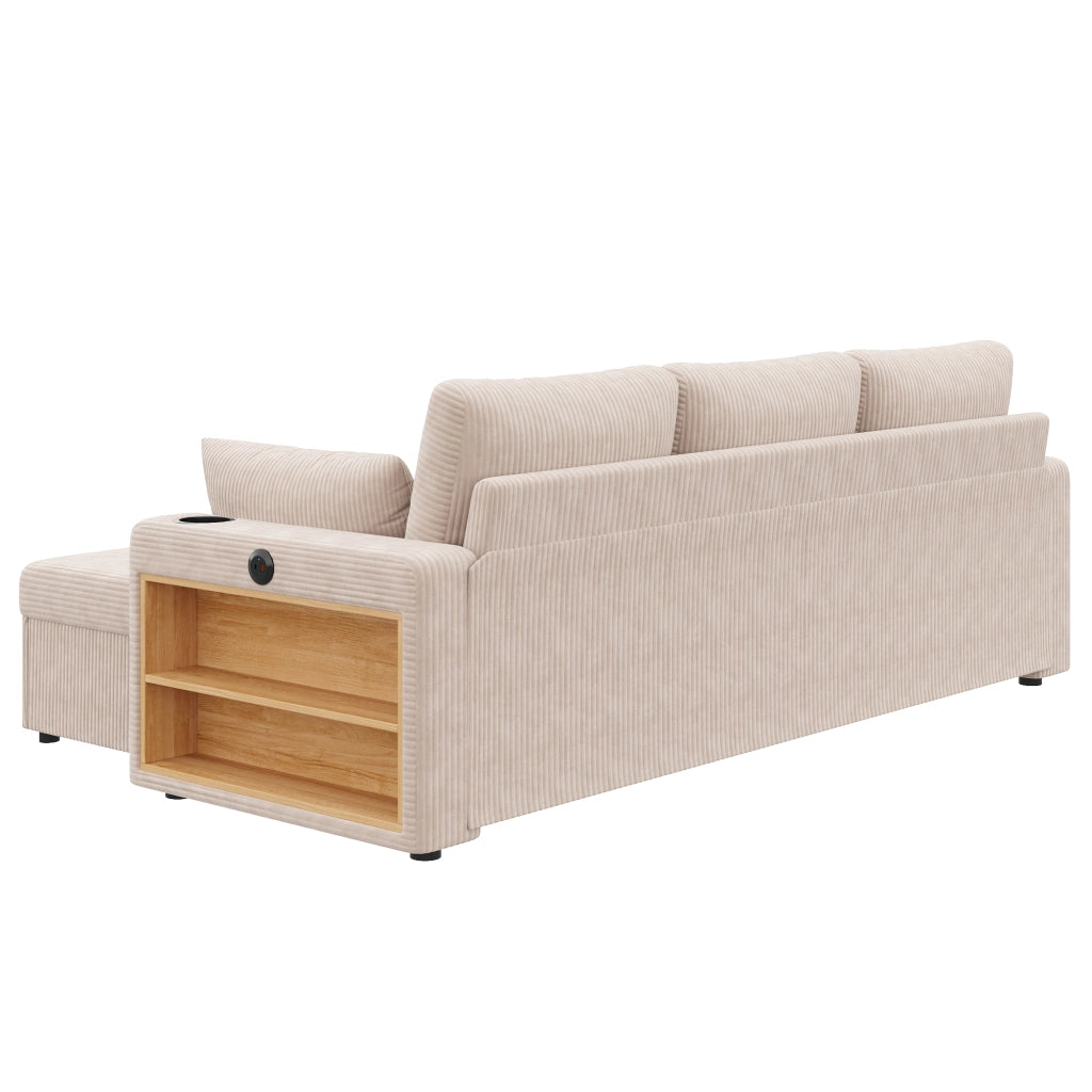 Divano modulare 190x130 cm a U/L con LED, USB-C, contenitore e rivestimento in velluto a coste beige