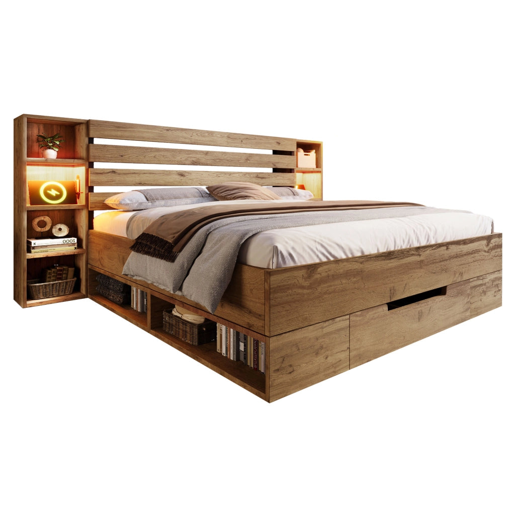 Letto matrimoniale 160 ¡Á 200 cm con rete a doghe in legno e metallo rovere LED USB e USB C con cassetti