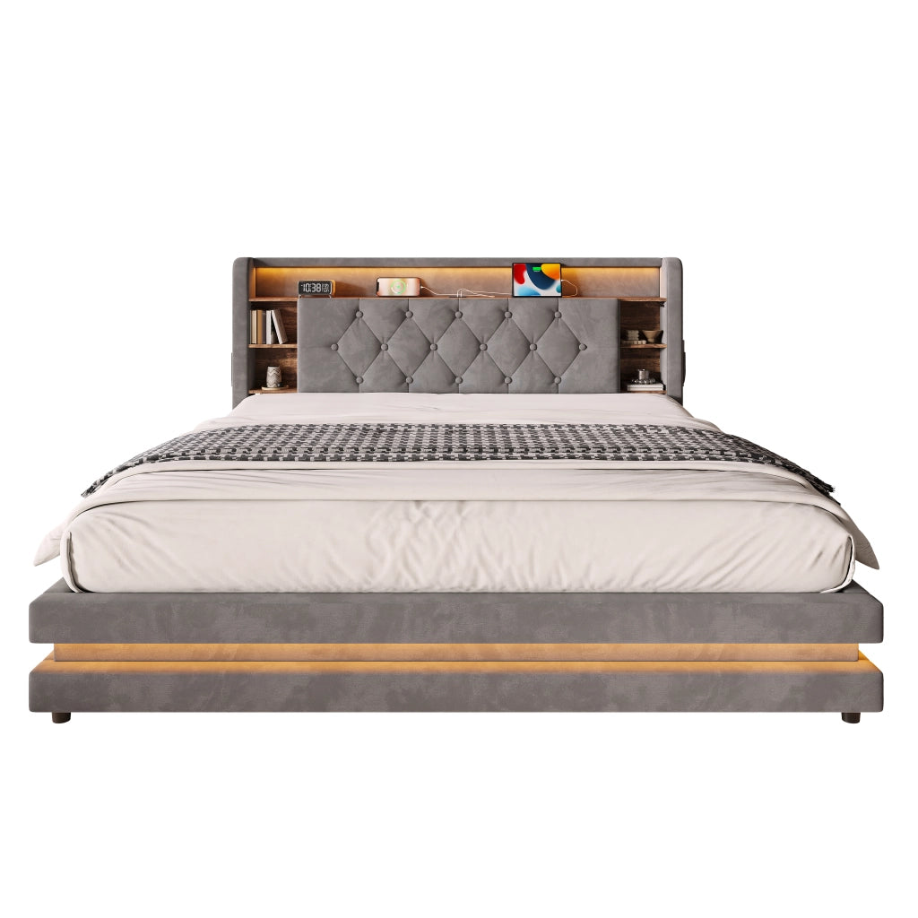 Letto contenitore con testiera multifunzione LED USB e Type-C rivestito in velluto grigio scuro