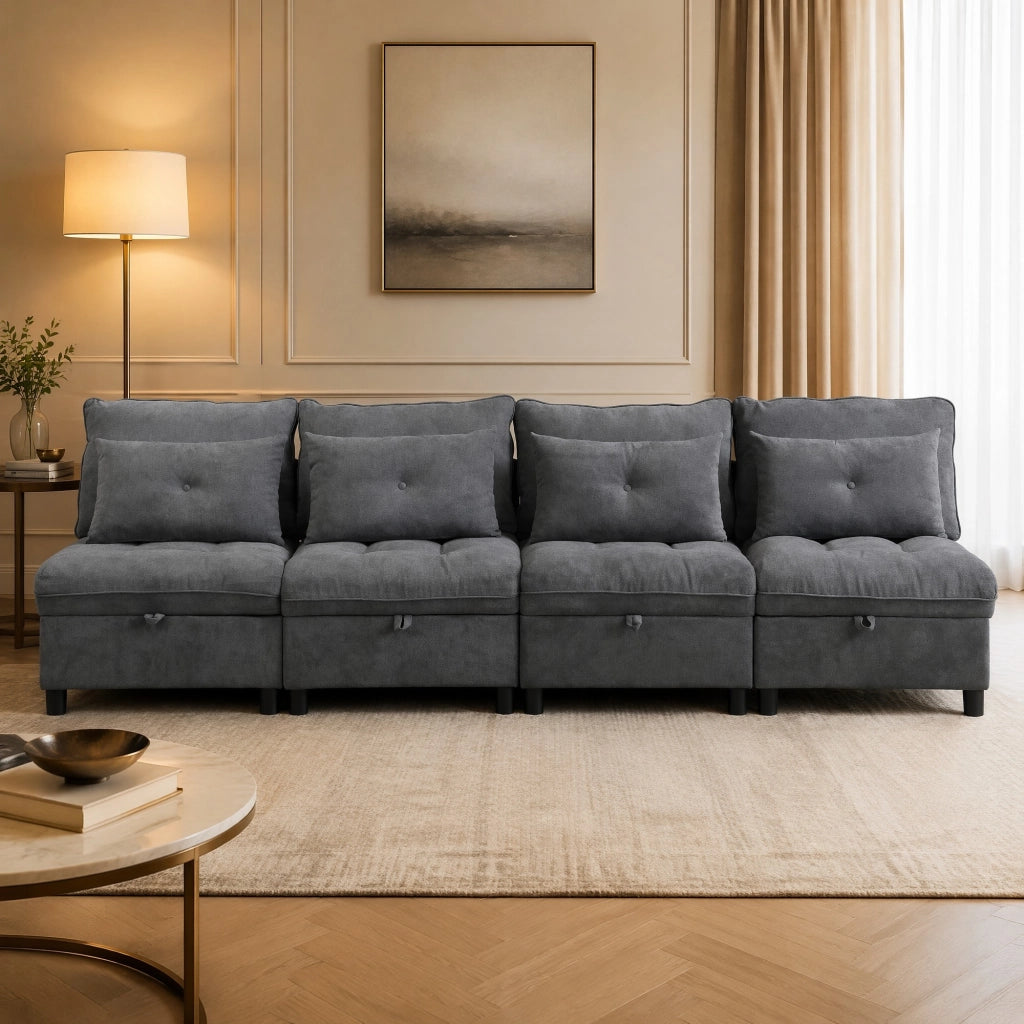 Divano letto modulare 4 posti con contenitore in ciniglia grigio anticato HOMVRA