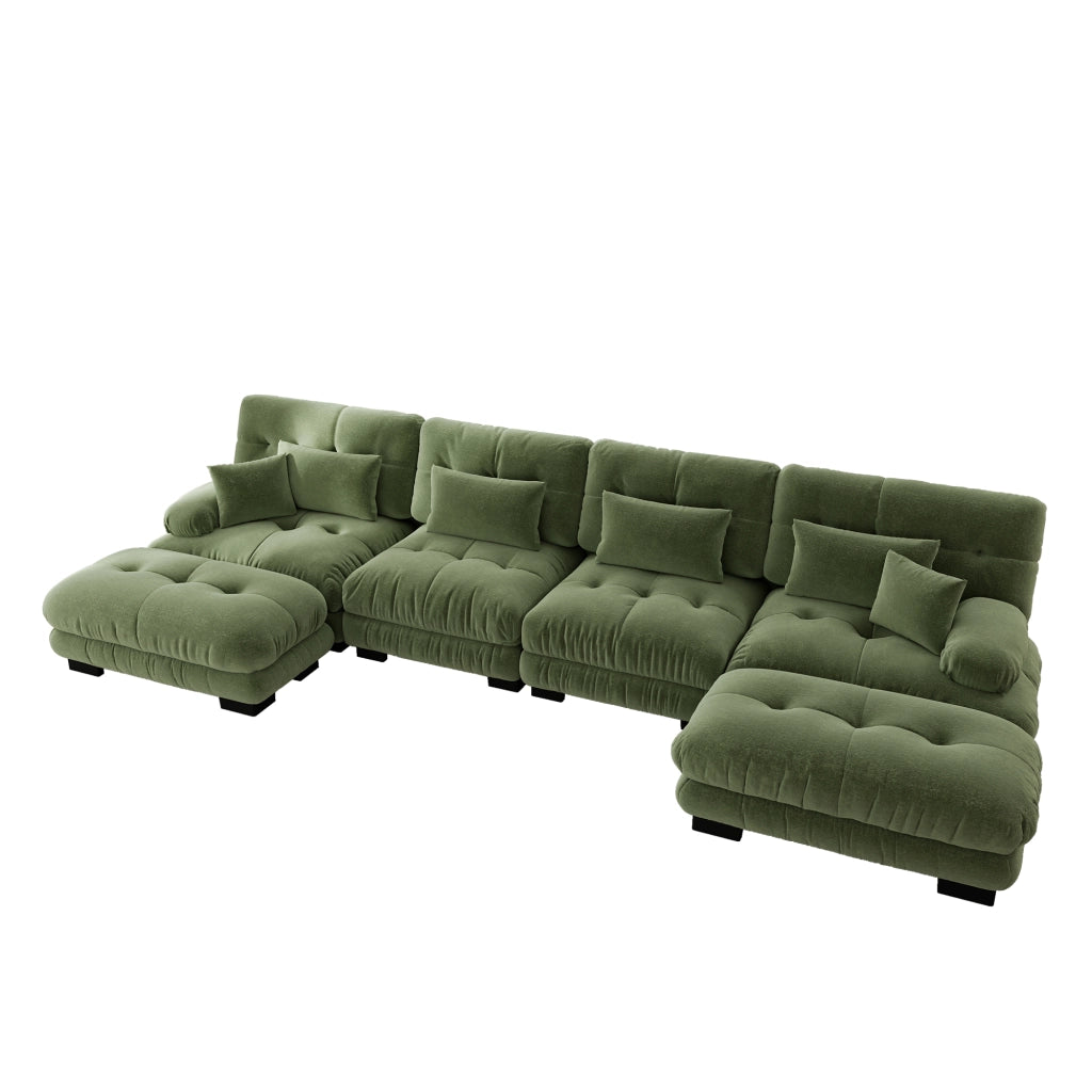 Divano modulare a U 4 posti con ottomane mobili e cuscini lombari, in ciniglia verde, 406 × 145 × 81 cm
