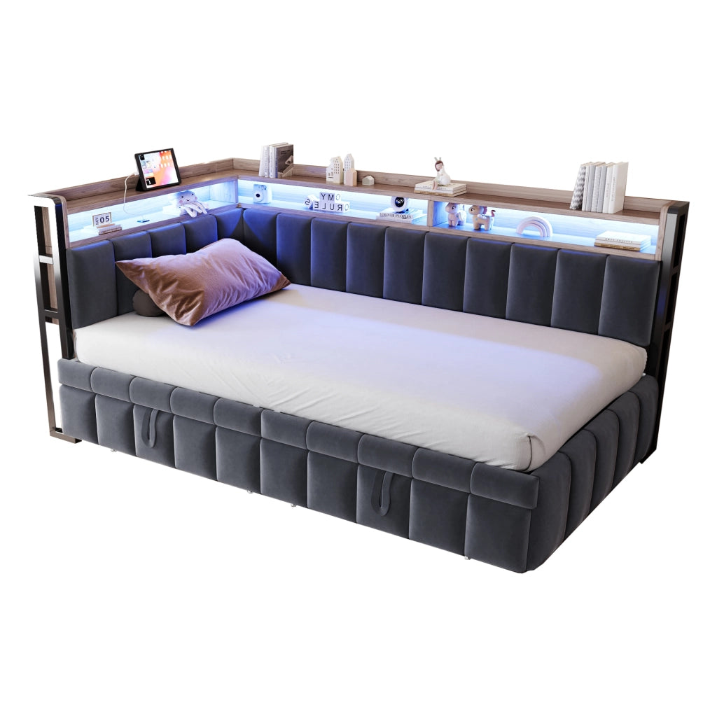 Divano letto estraibile 90x200 cm con LED, USB e USB-C in velluto grigio scuro