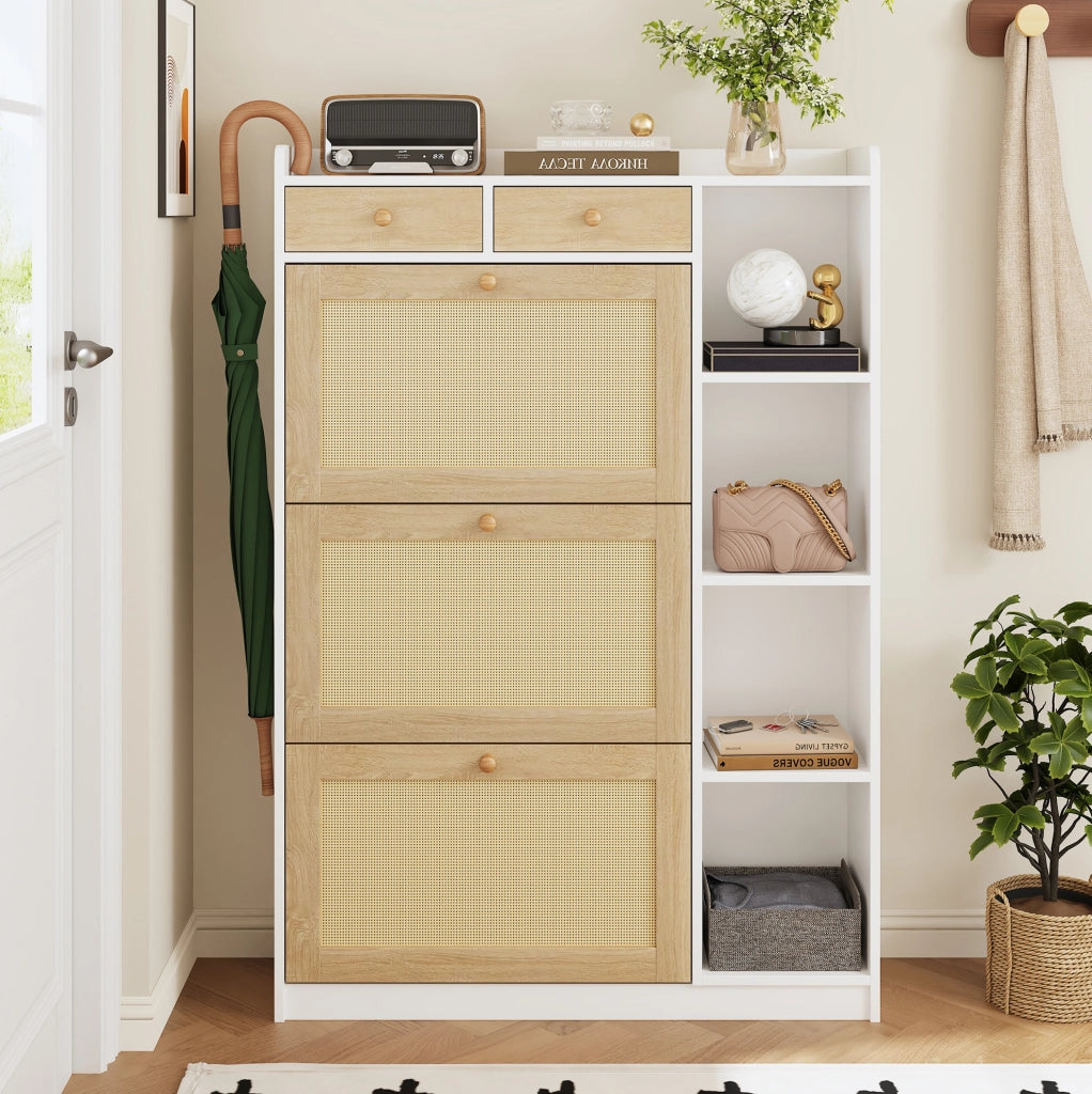 SCARPIERA 3 Ribalte in Rattan 90x24x130 cm Bianco Naturale con 2 Cassetti