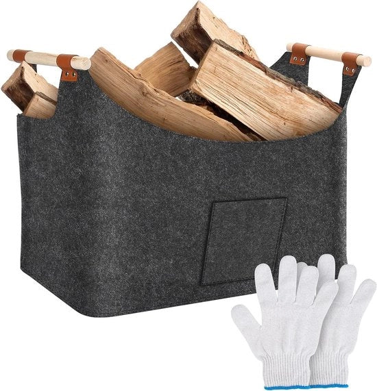 Carrello di legno per il fuoco - Cestino di legno XXL - mandorlo in pelle extra spessa - carrello di legna con maniglie - cesto di legno pieghevole - borsa in pelle - 55 x 32 x 40 cm
