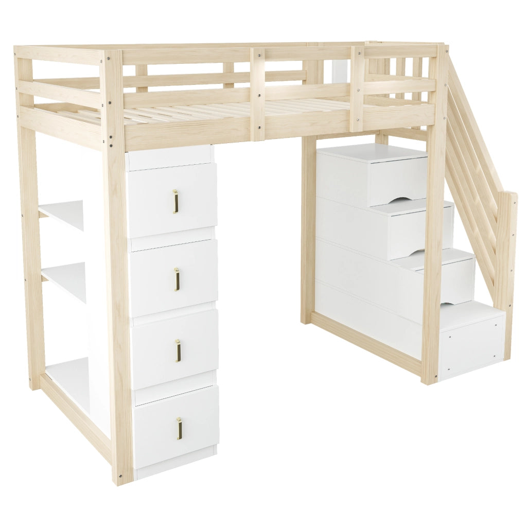 Letto a soppalco 90x200 cm con cassetti contenitore in legno massello naturale