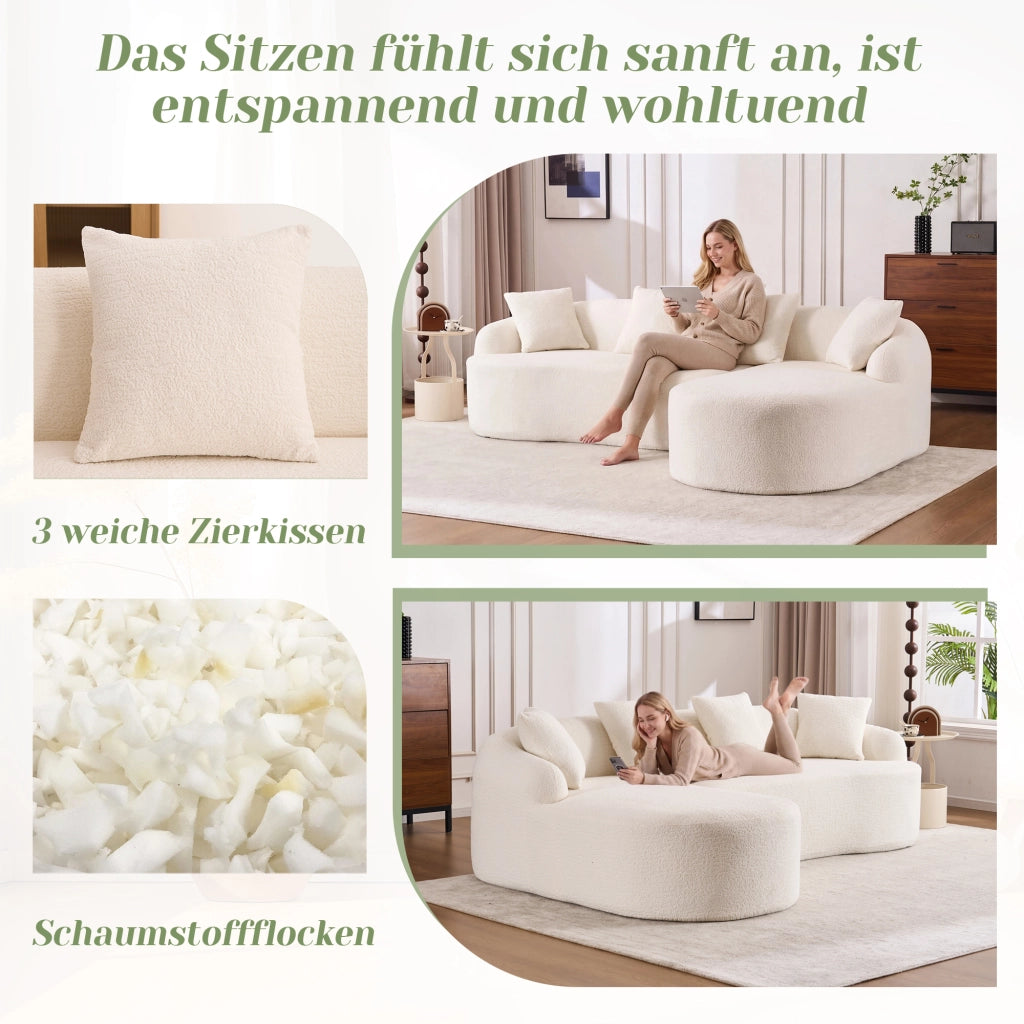 Divano con chaise longue a 3 posti modulare a forma curva in chenille bianco, montaggio senza attrezzi, 67 × 243 × 150 cm