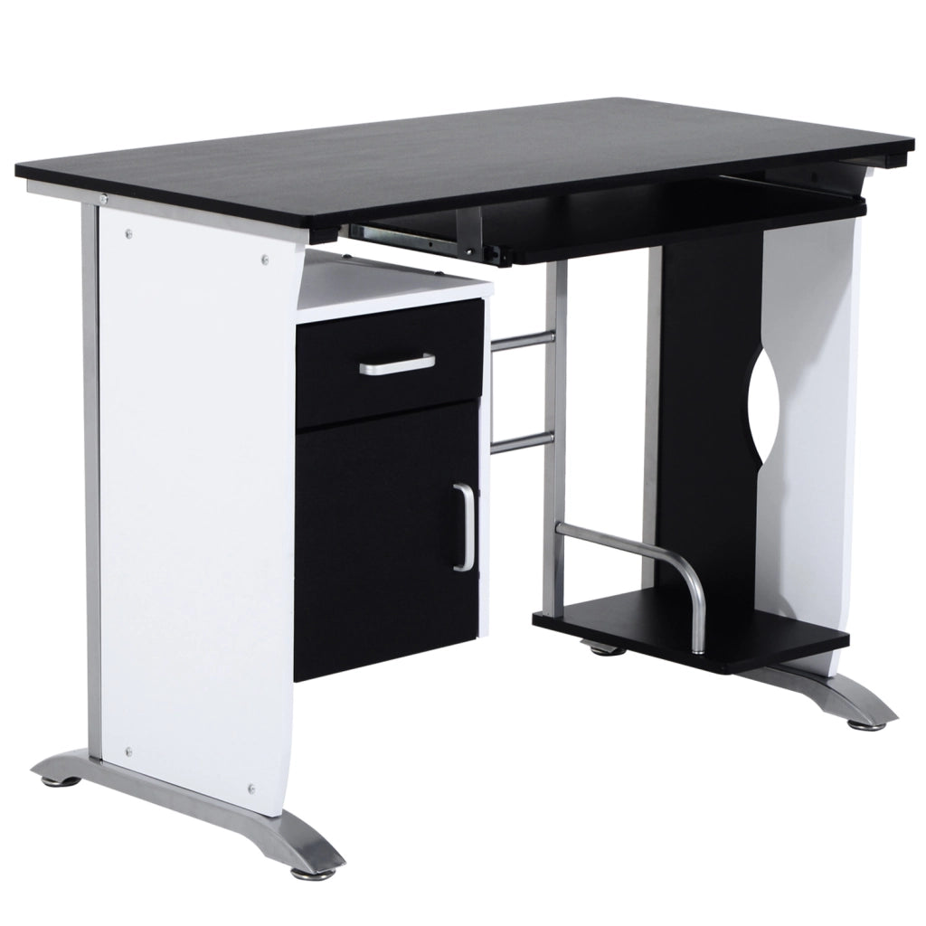 EasyComfort Scrivania per Computer con Ripiano, Cassetto e Armadietto, in MDF e Ferro, 100x52x75 cm, Bianca e Nera