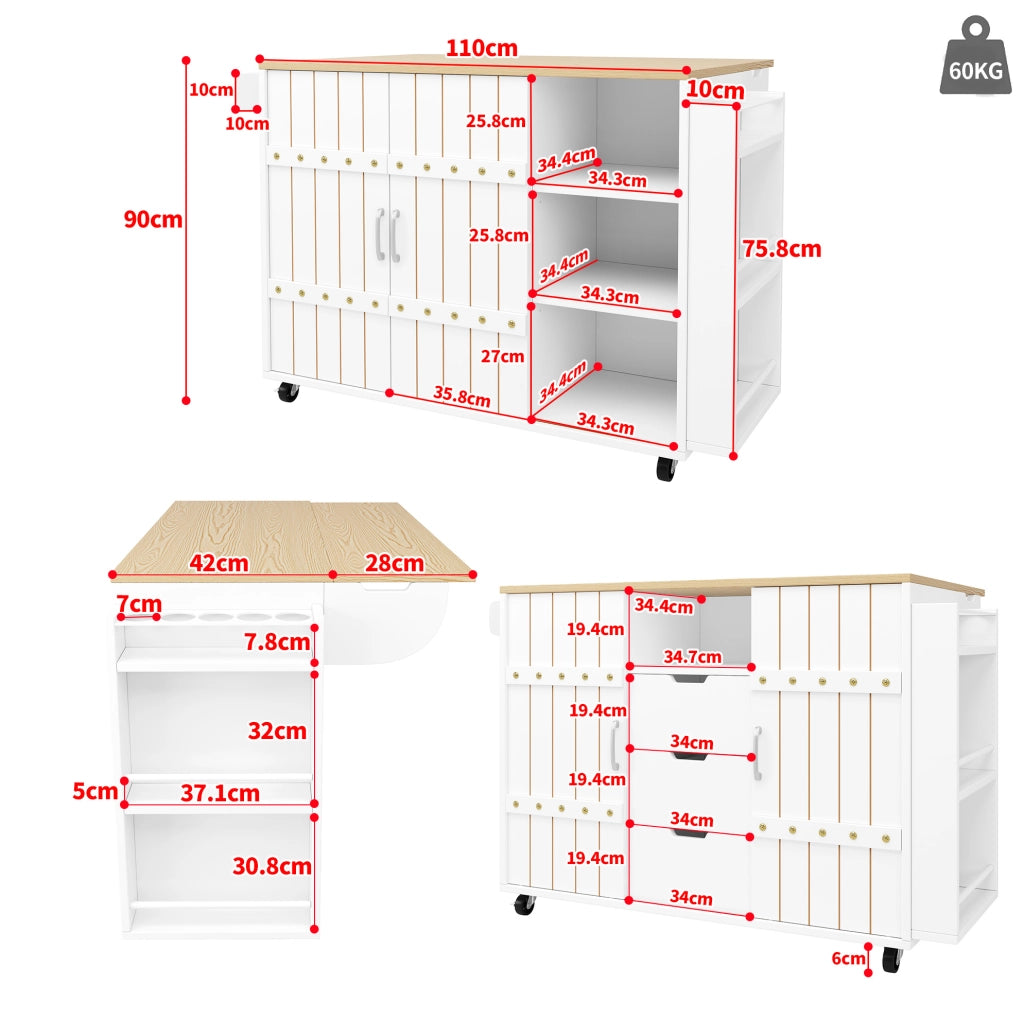 ISOLA PER CUCINA 110x42x90 cm Bianca con piano ribaltabile e ante scorrevoli