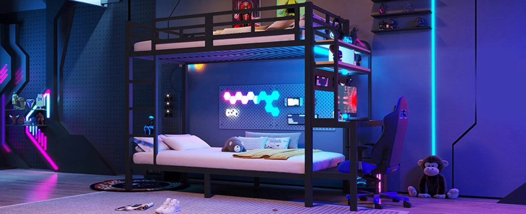 Letto a soppalco ULEVR 90x200 cm con scrivania, ripiani, LED, USB, scala e sponde di sicurezza, nero