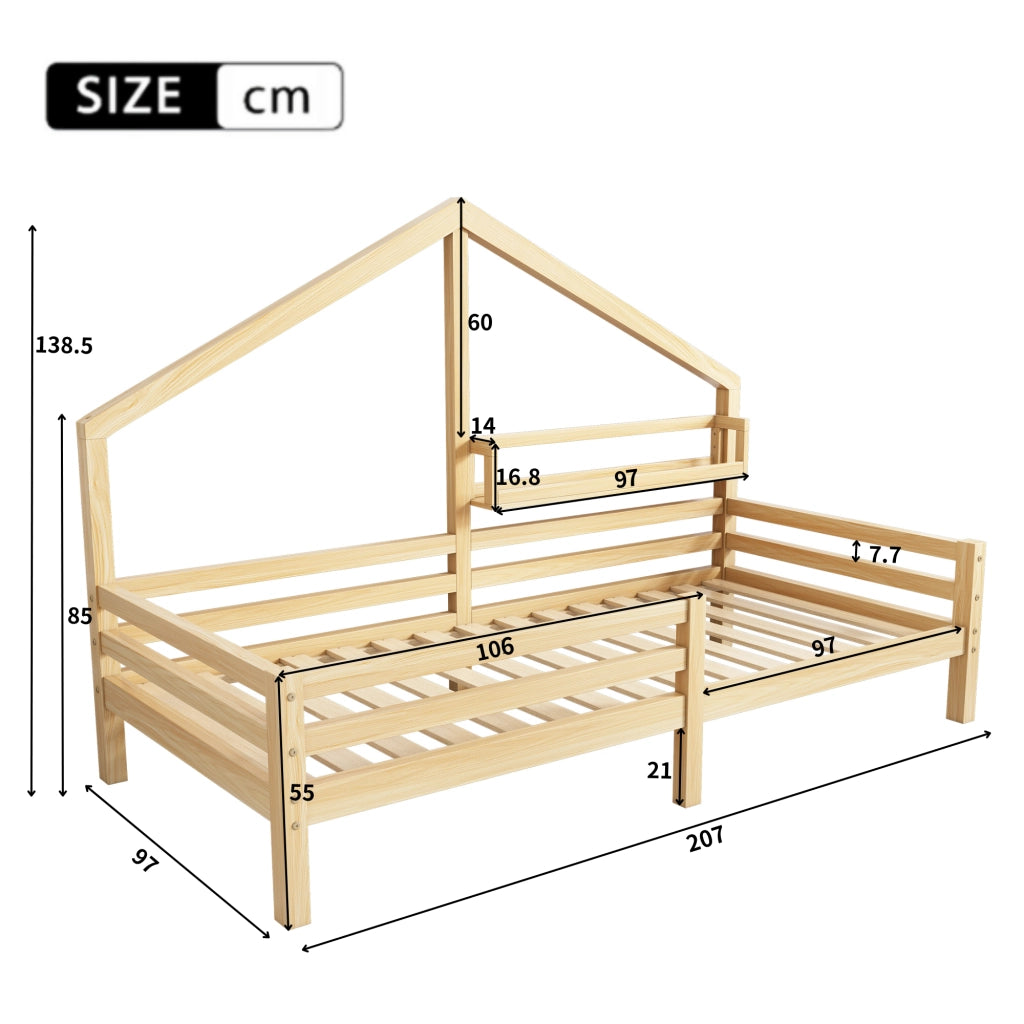 Letto a casetta 90 × 200 cm con libreria posteriore in legno di pino naturale e barriera anticaduta con 15 doghe