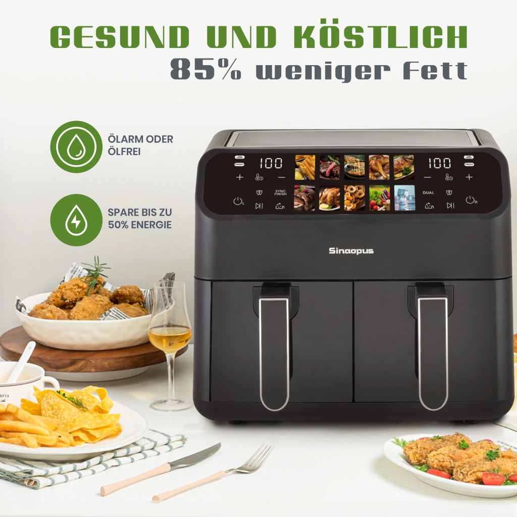Friggitrice ad aria a doppio cestello 9 l 2000 W con display LED touch temperatura 80–200 °C e timer 60 min nera