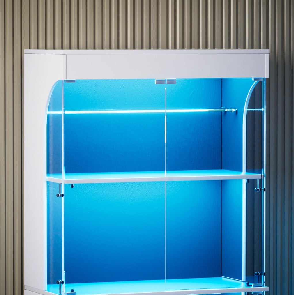 Vetrina in vetro bianca a 4 ripiani con illuminazione LED e sensori intelligenti, 80x35x165 cm