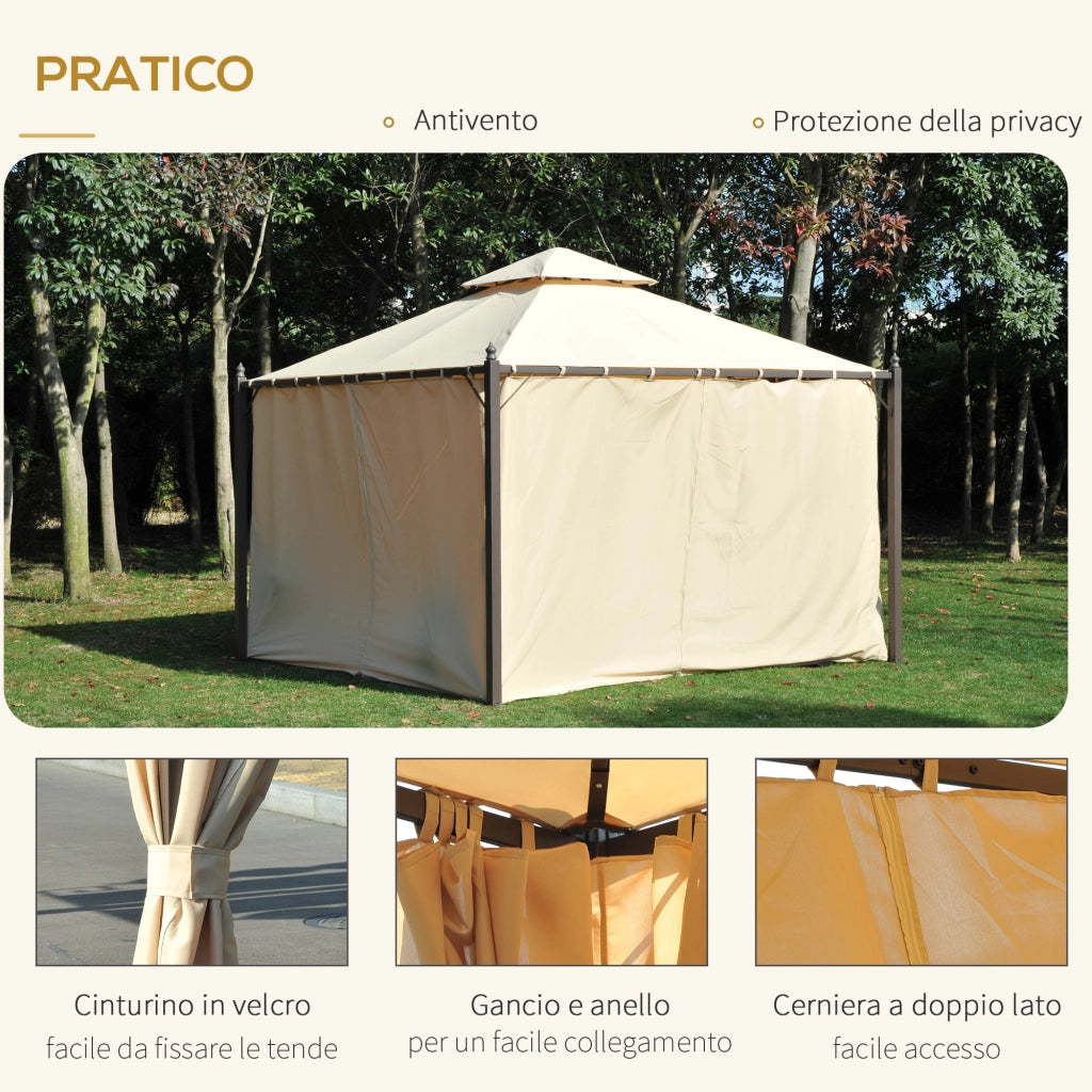 Gazebo da Giardino 3 x 3m con 4 Tende Laterali e Doppio Tetto Beige