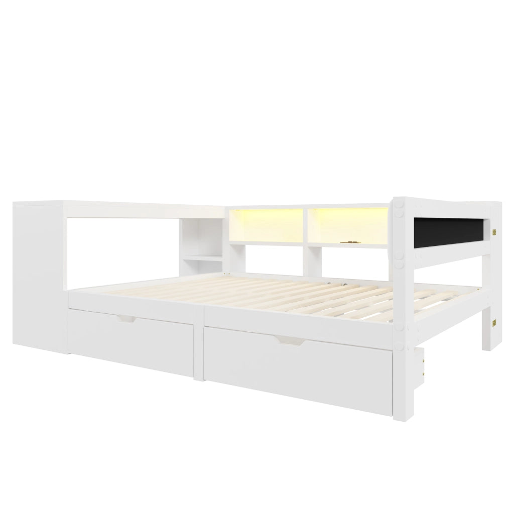 Letto Contenitore Imbottito 140x200 cm con Cassetti; LED; USB; Bianco