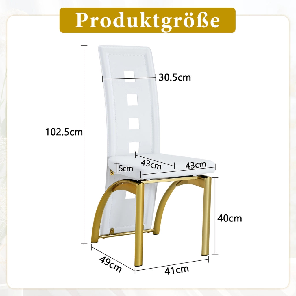 Set 2 sedie da pranzo in PU bianco opaco con schienale traforato e gambe in metallo oro