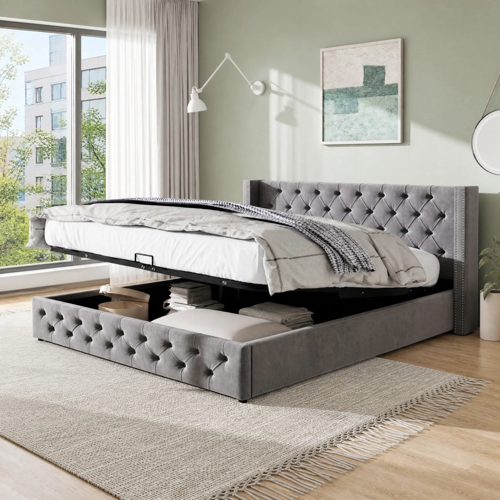 Letto matrimoniale 160x200 cm con contenitore idraulico in velluto; grigio