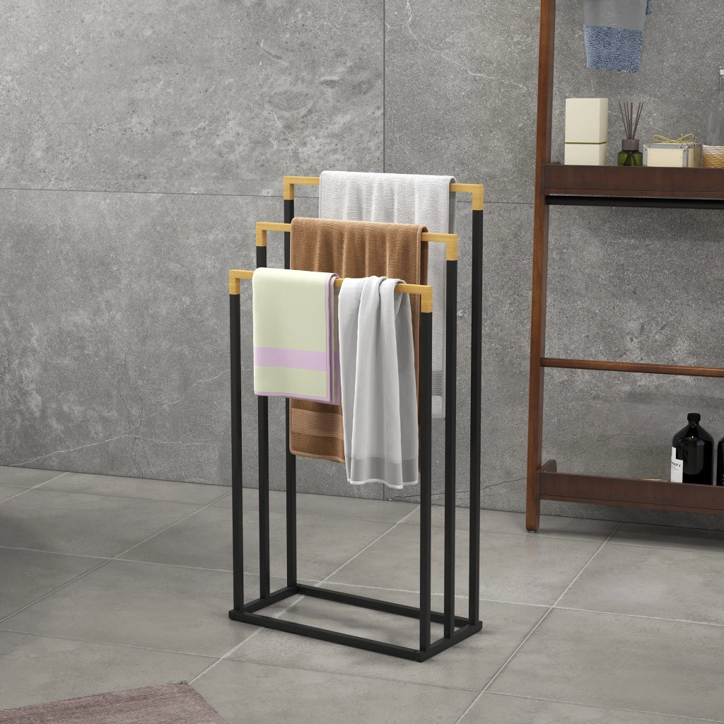 Portasciugamani a Parete Set 3 Barre ¨C Xylo ¨C Bamb¨´ e Metallo Nero 45x22,5x86 cm