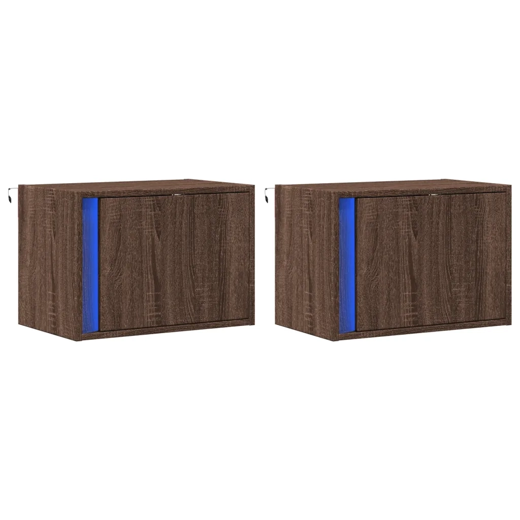 Set di 2 Comodini | Armadio da Notte | Mobiletto da notte a Parete con luci LED Rovere Marrone