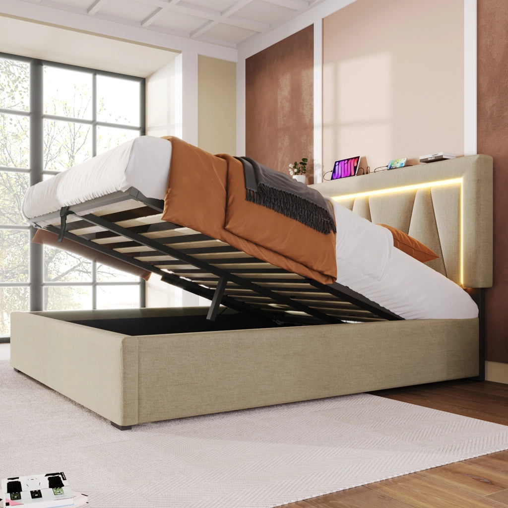 Letto imbottito con USB-C, LED e contenitore, 140x200 cm, lino