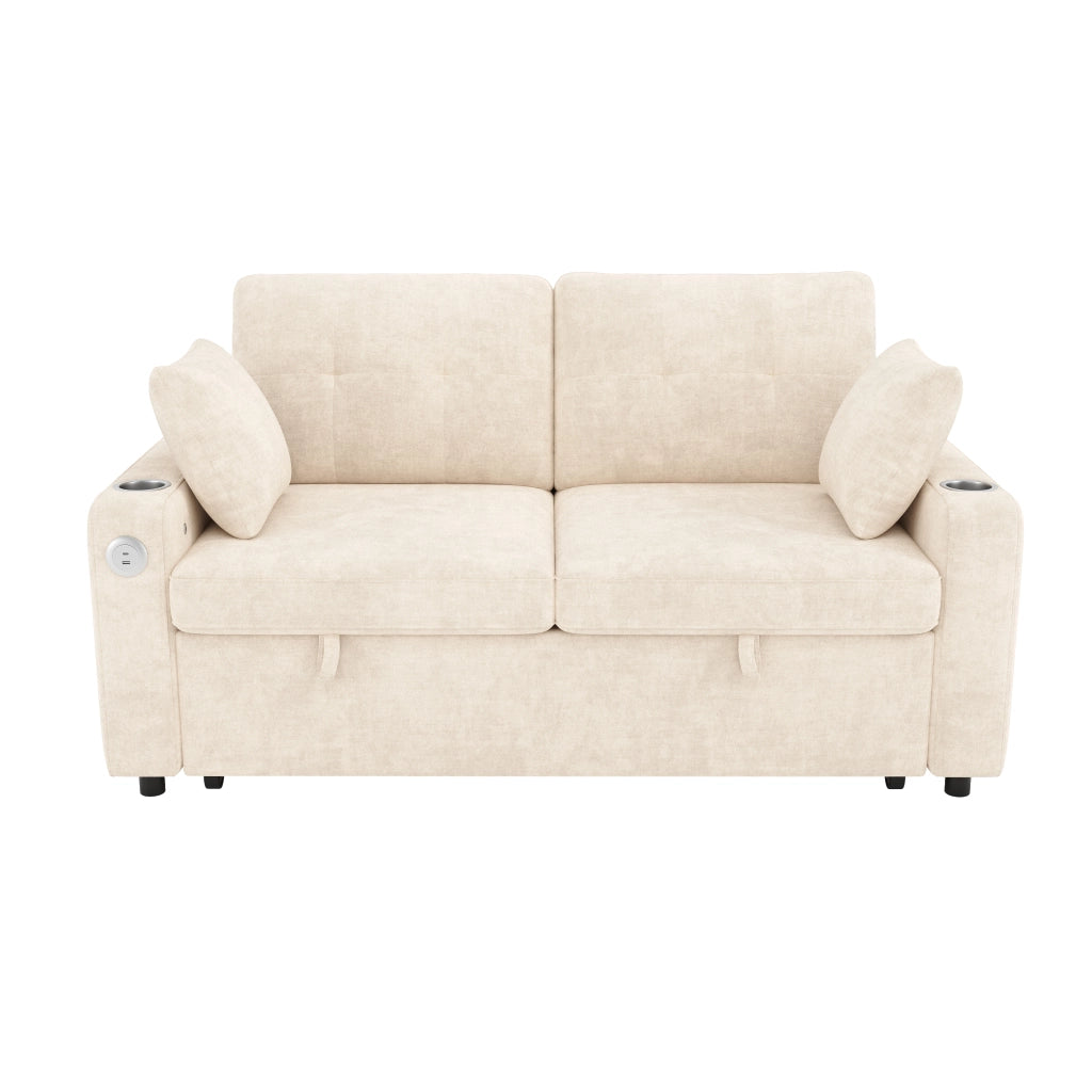 Divano letto 2 posti estraibile con LED, USB e USB-C in ciniglia beige