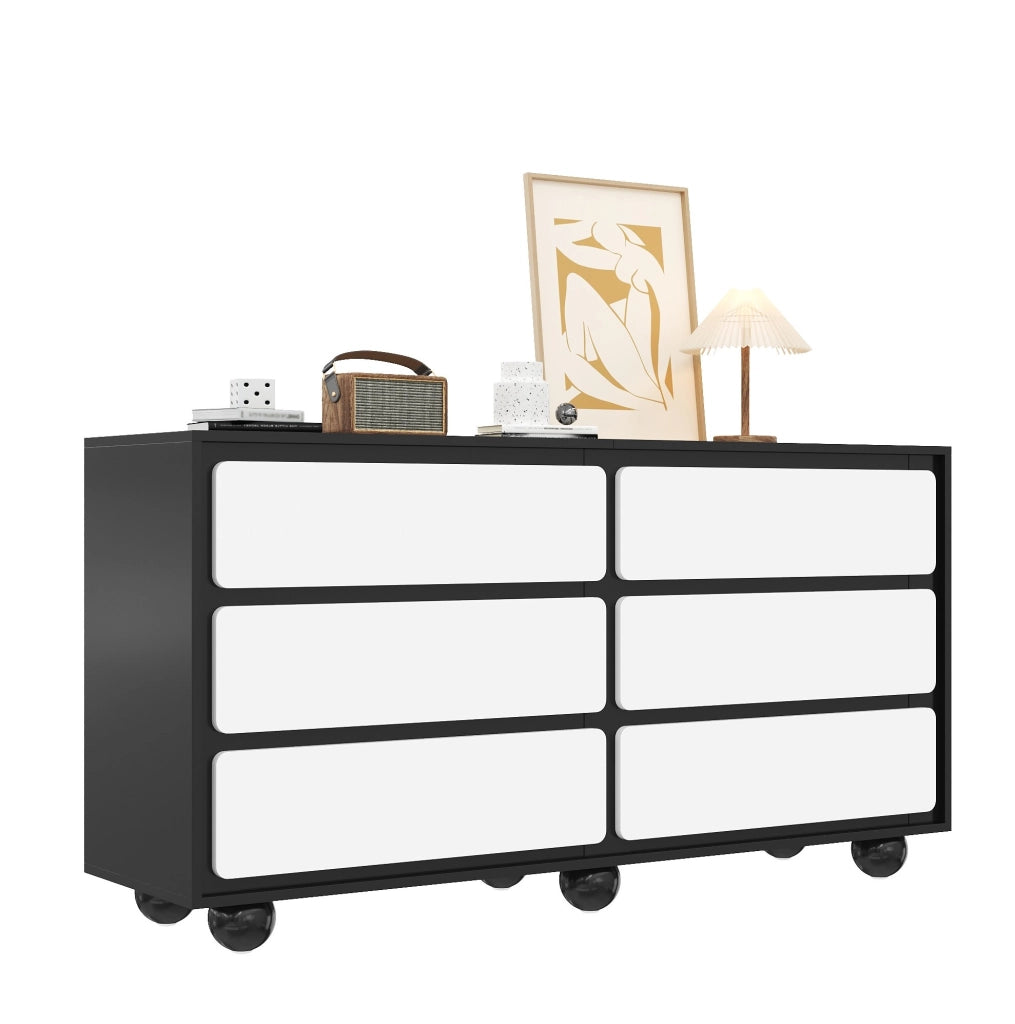 Cassettiera moderna bianca e nera con 6 cassetti, 140 cm