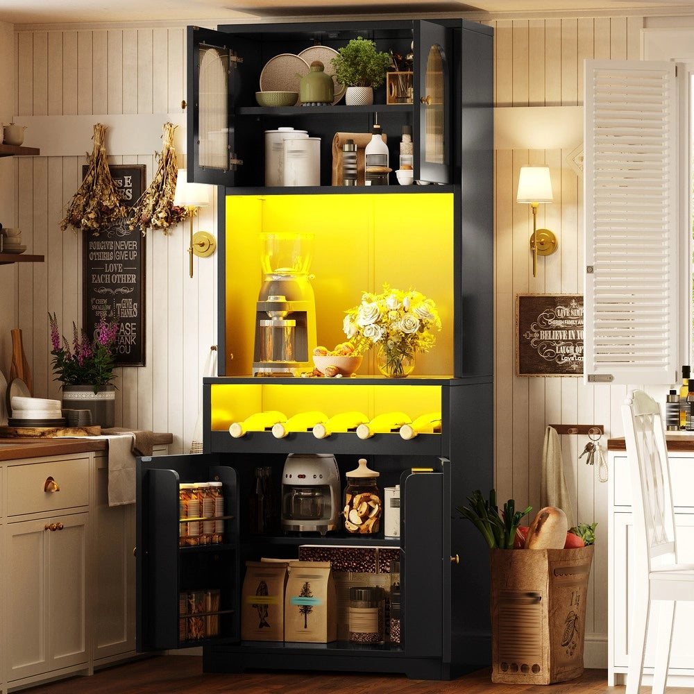 Mobile Buffet Alto con Luci RGB ¨C Minimal ¨C Nero 180cm Ante in Vetro Scaffali Regolabili