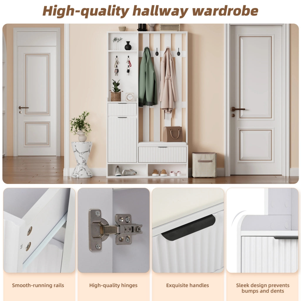 Guardaroba da ingresso 6 in 1 con panca; 8 ganci e contenitore; 100 ¡Á 30 ¡Á 180 cm; bianco