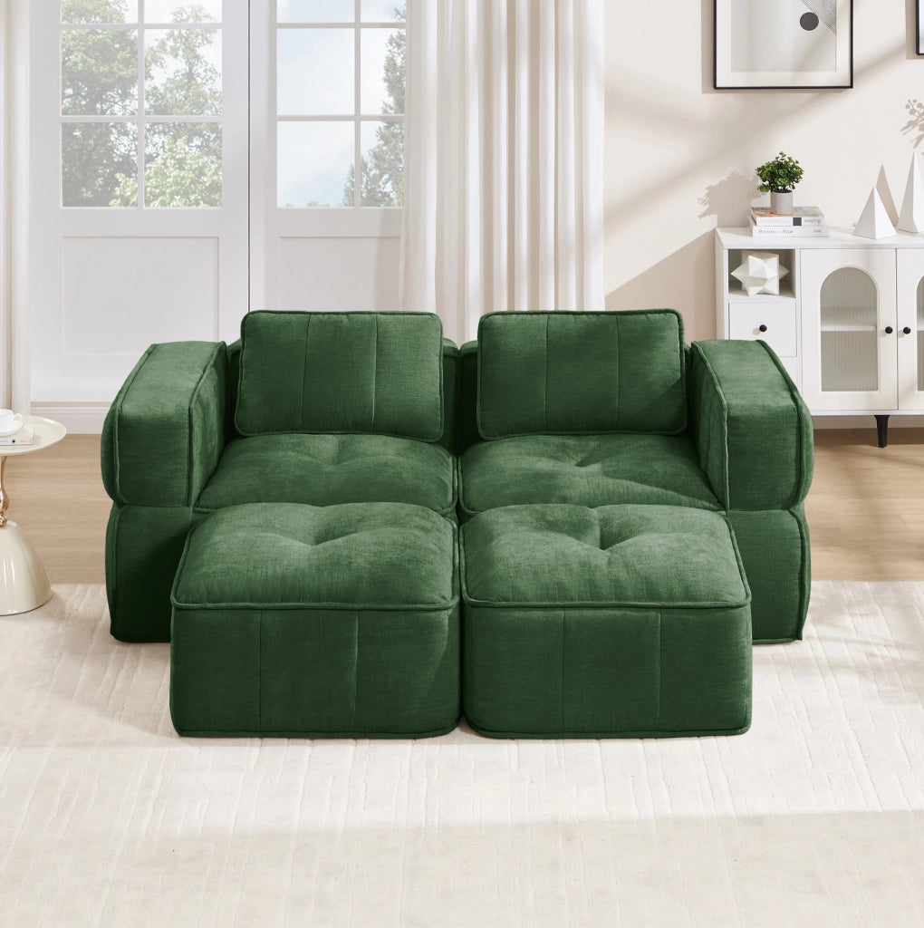 Divano modulare verde 198x162x67 cm in poliestere con 2 pouf