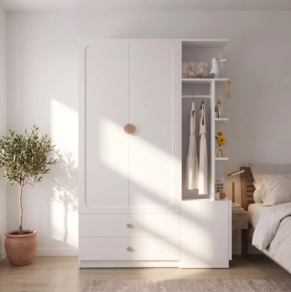 Armadio guardaroba 135x45x200 cm con 2 appendiabiti e 2 cassetti bianco HOMVRA