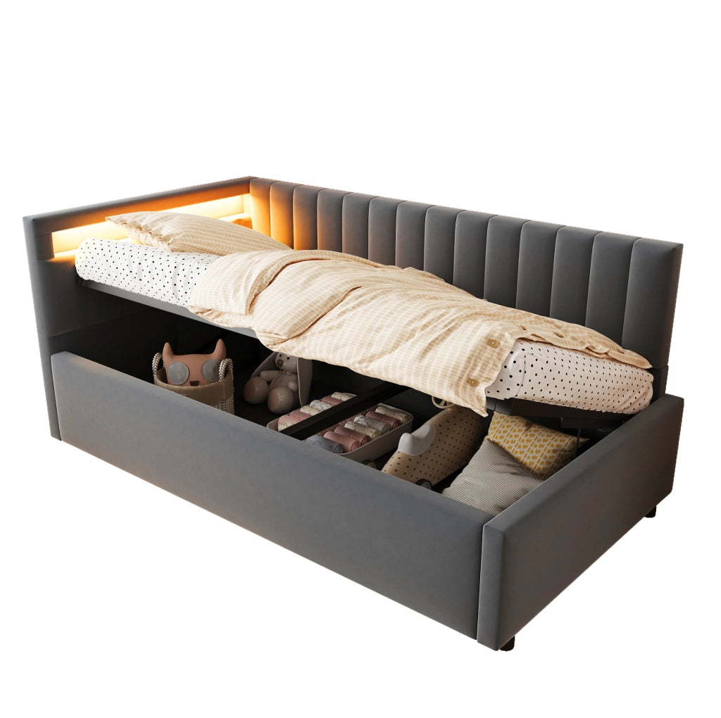 Letto imbottito 90x200 con LED, vano contenitore e rete a doghe