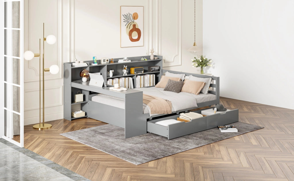 Divano Letto in Legno Massello 140x200 cm con Scrivania, Libreria, Ripiani e Presa di Corrente, Grigio
