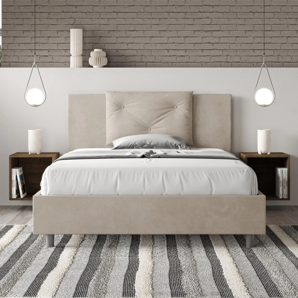 BS COM Letto matrimoniale francese con rete imbottito 140x200 microfibra sabbia