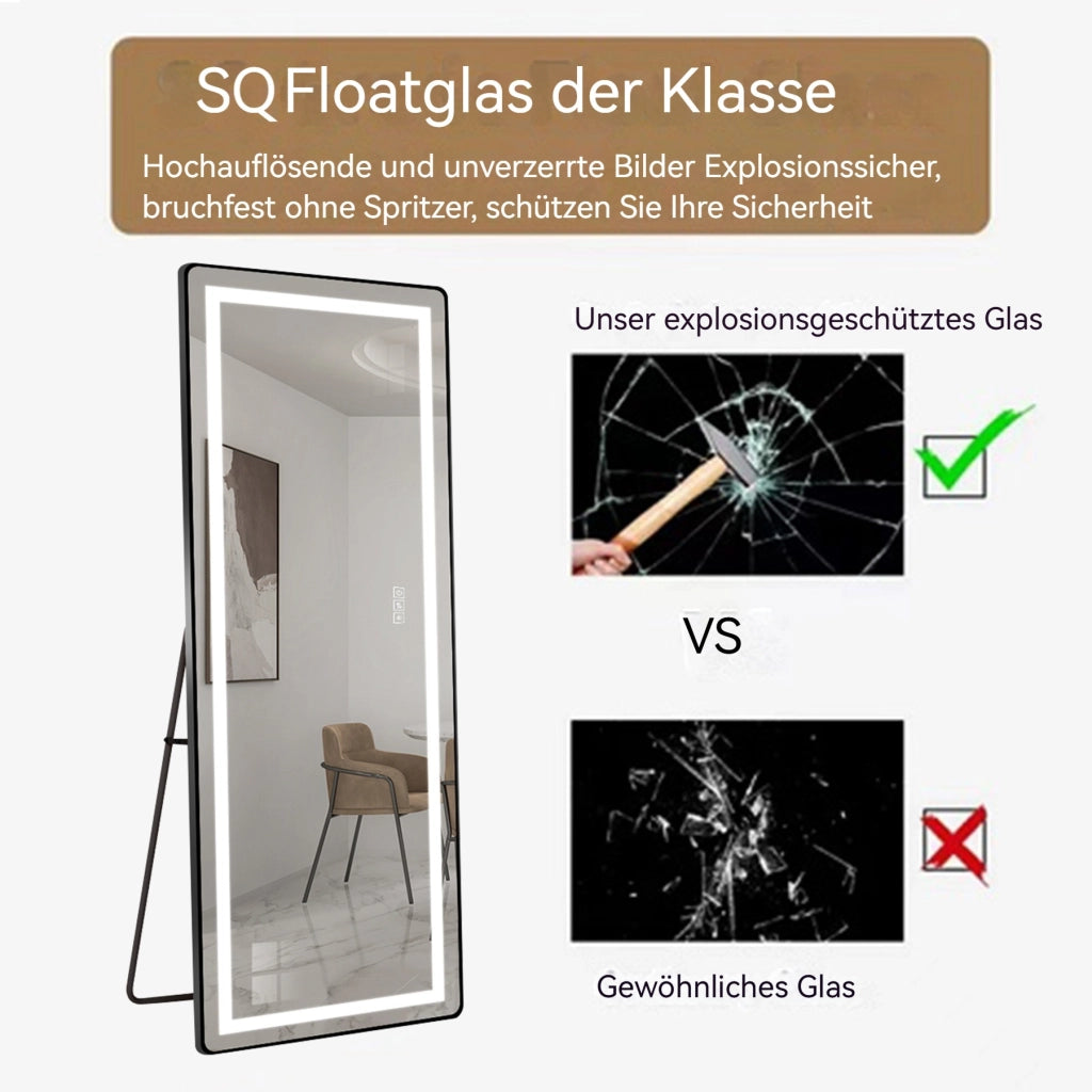 Specchio a figura intera con LED dimmerabile a 3 colori; cornice sottile in alluminio nero e argento; da parete