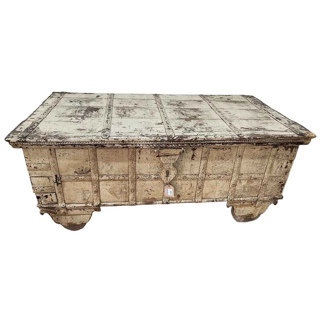 Tavolo contenitore in legno con finitura marrone artigianale, 136x71x59h cm