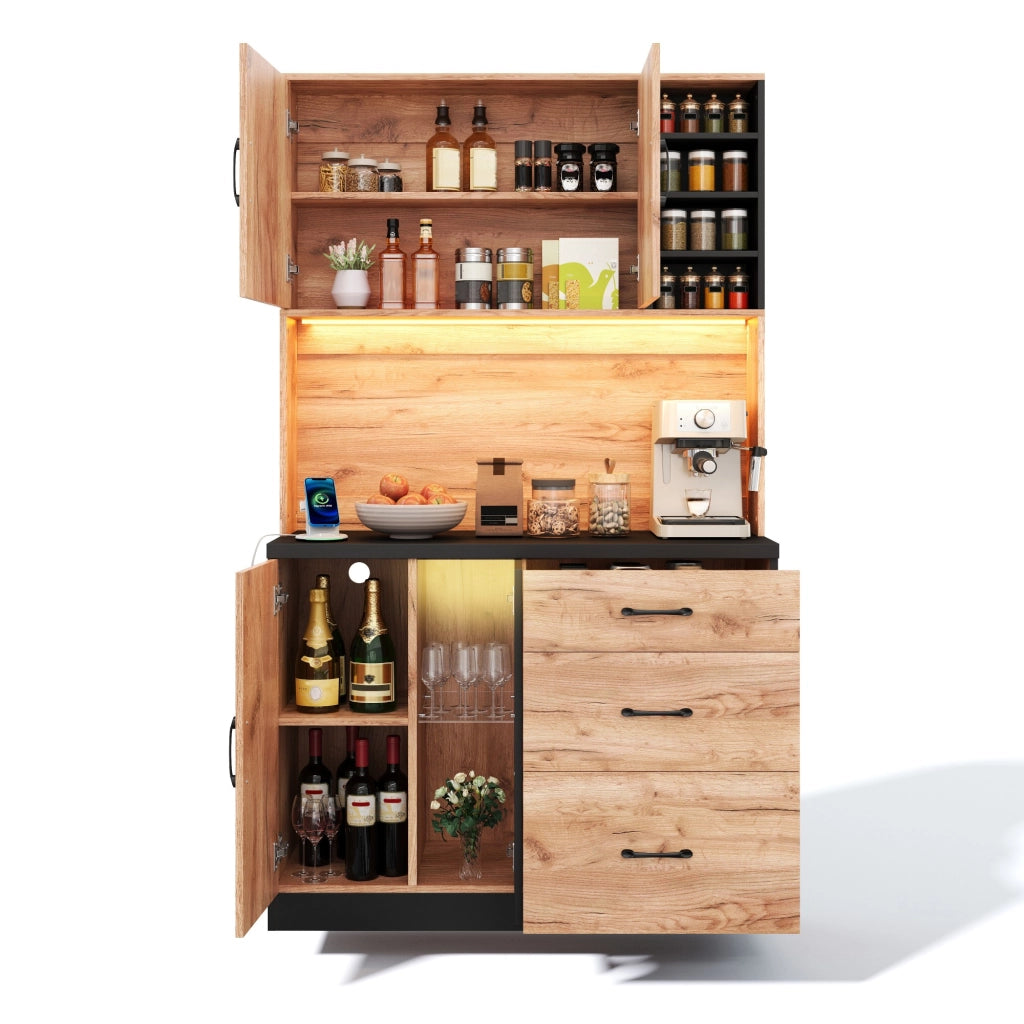 Credenza da cucina alta con LED, 3 cassetti, vano vetrina, ripiani regolabili e prese, in MDF, 105 × 40 × 180 cm
