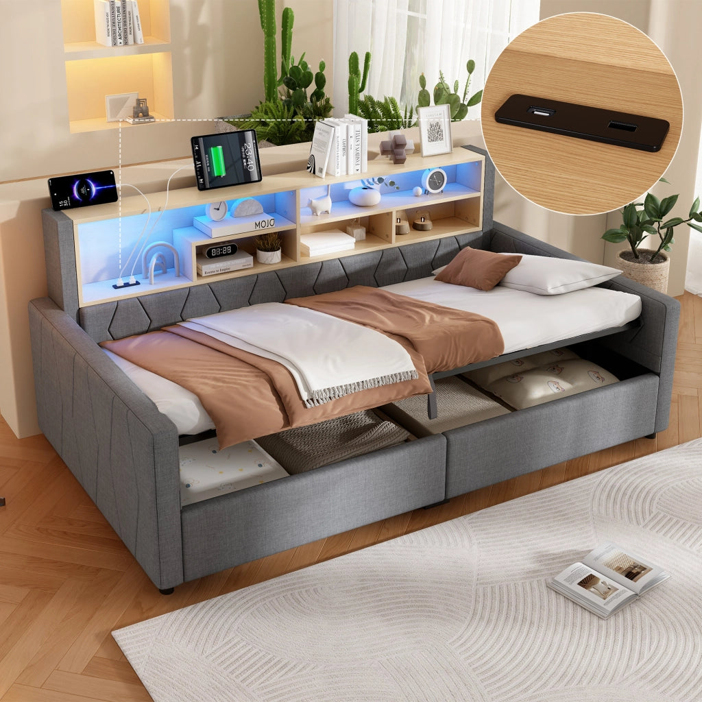 Divano Letto 90x200 cm in Lino con Contenitore Idraulico; USB-C; Presa; LED; Grigio