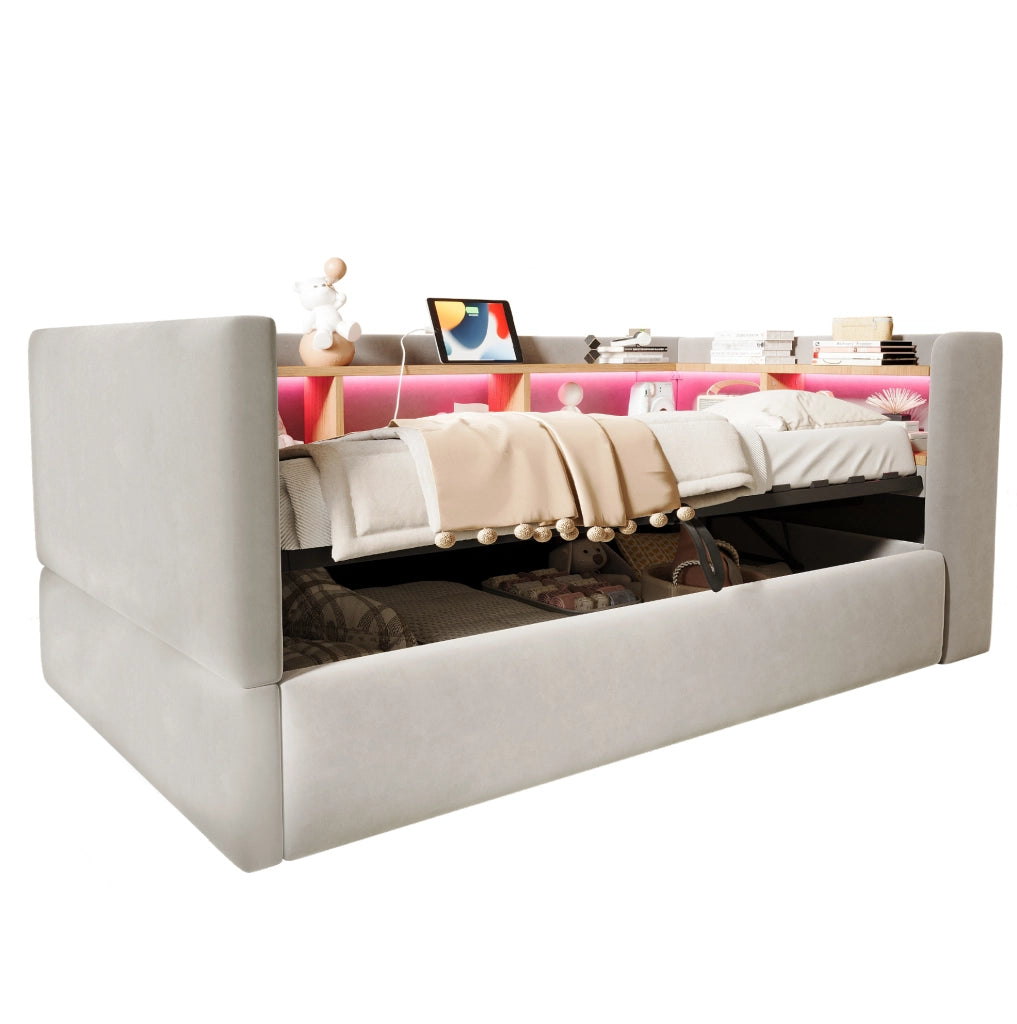 Divano letto imbottito 90x190 cm con LED, prese e contenitore