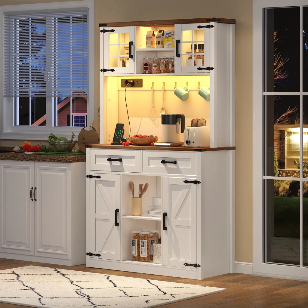 Mobile bar con LED regolabili; prese e porte USB; design rustico; MDF marrone e bianco