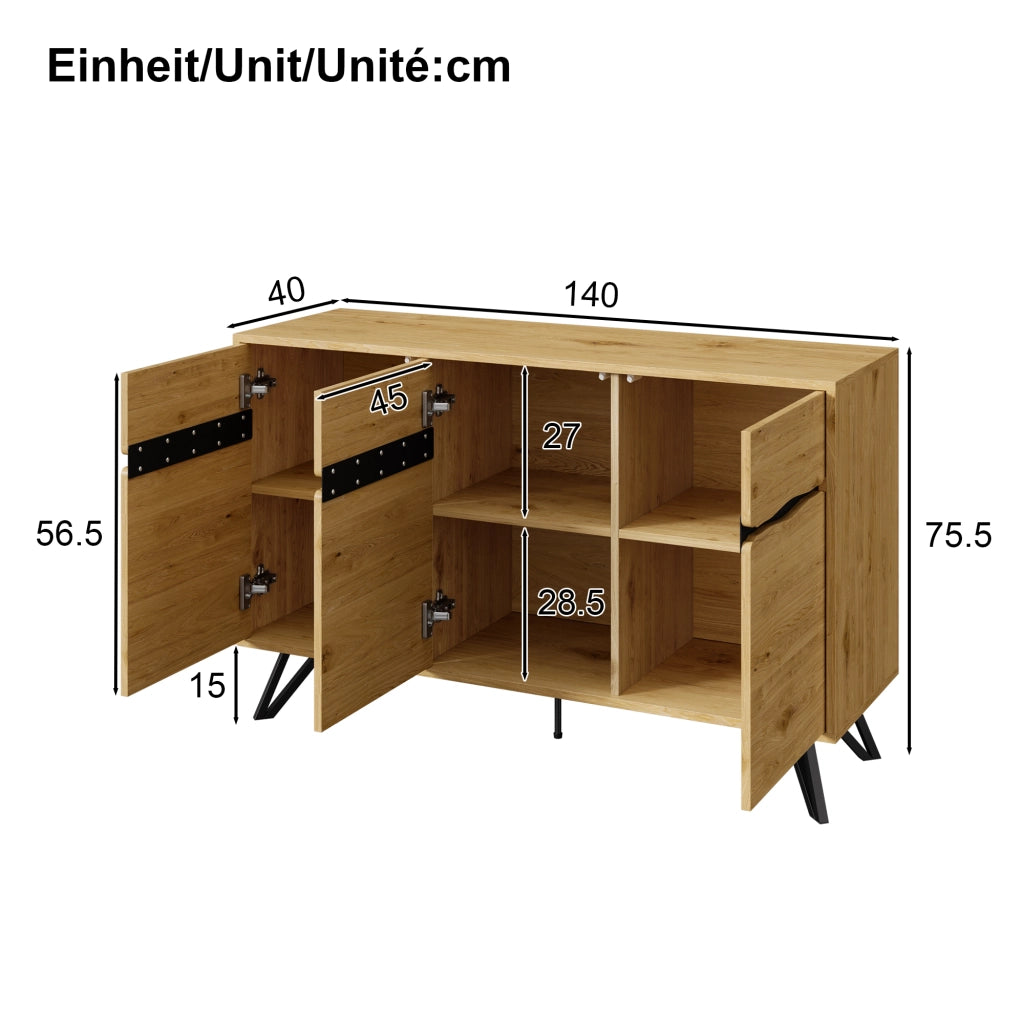 Credenza e madia a 3 ante con ripiani, effetto legno e gambe nere in metallo, per soggiorno, 140 × 40 × 75,5 cm