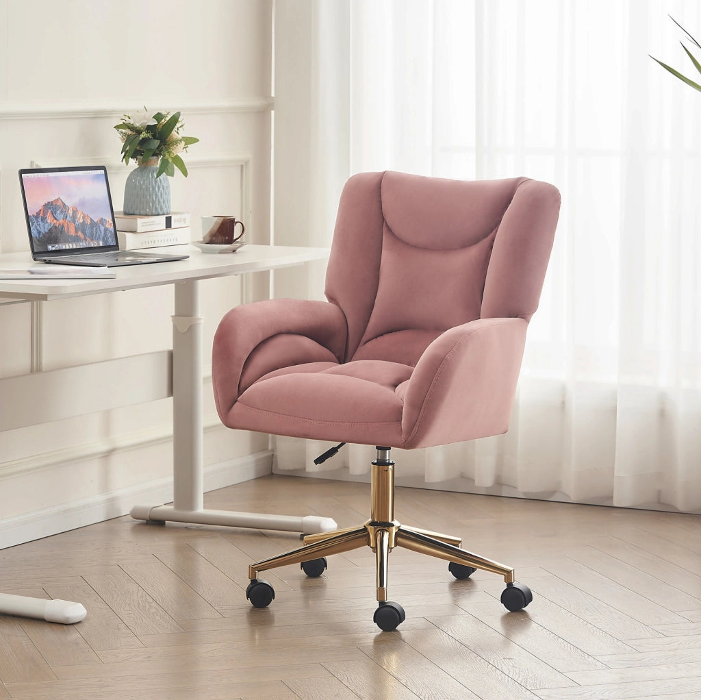 Sedia da ufficio regolabile in velluto rosa con base dorata e ruote girevoli 360°
