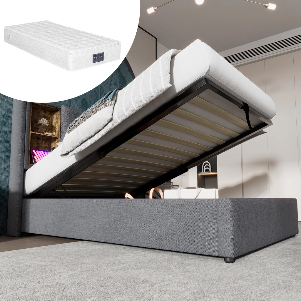 Letto singolo imbottito 90 × 200 cm con materasso e contenitore cotone grigio ricarica wireless USB e Type-C