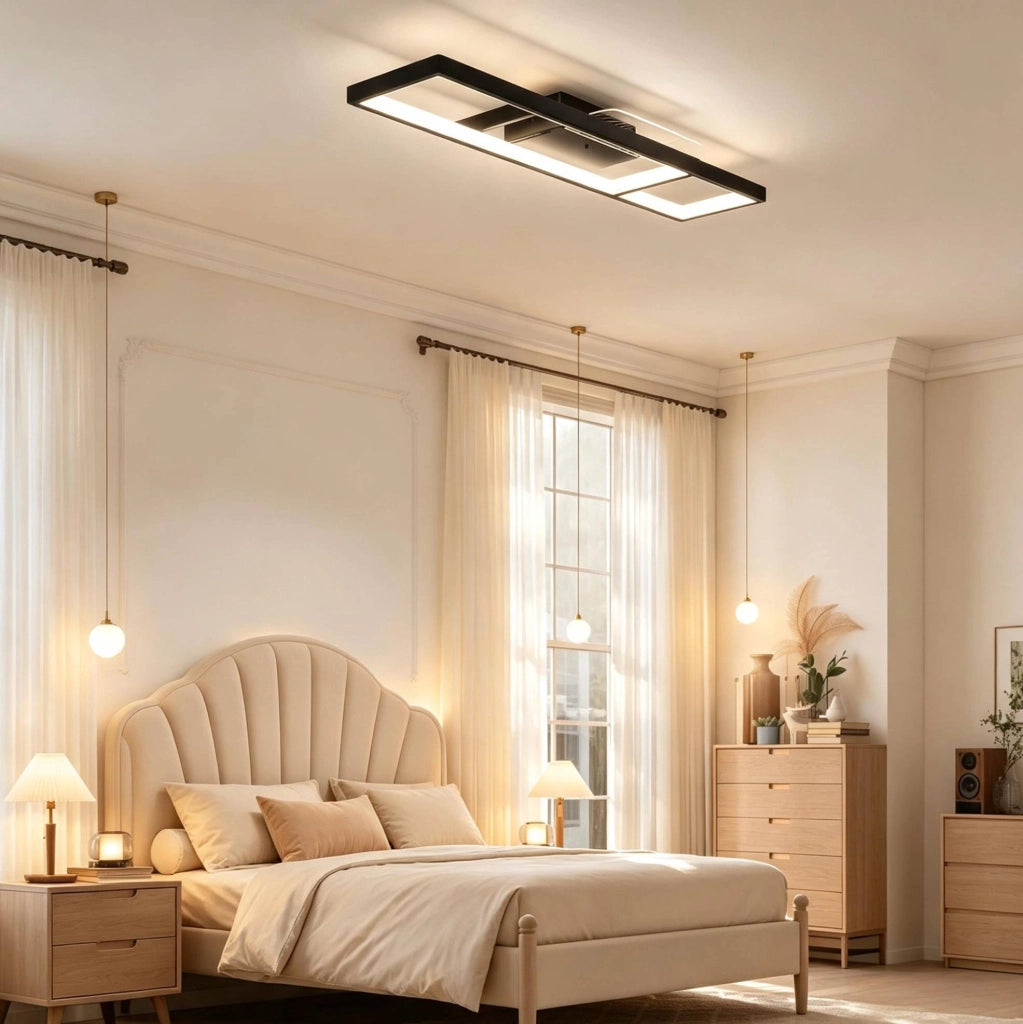 Plafoniera LED 70x30 cm nera in acciaio e plastica, dimmerabile con telecomando