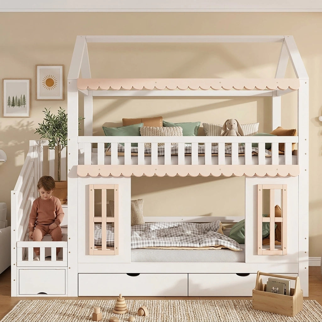 Letto a castello a casetta per bambini 90x200 cm in pino e MDF; bianco e naturale; con scala contenitore e 2 cassetti