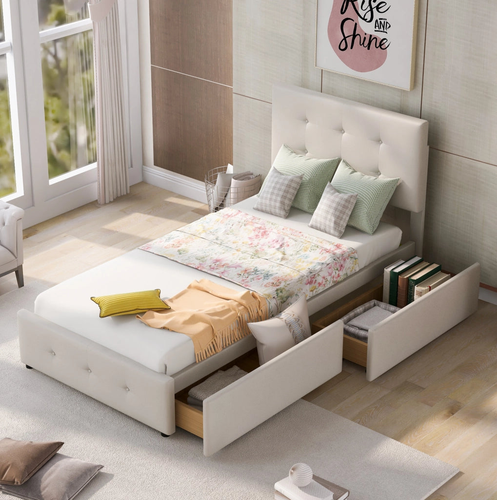 Letto imbottito 90 x 200 cm beige con rete a doghe e 2 cassetti, senza materasso