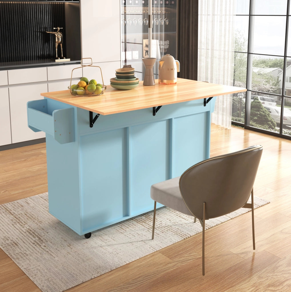 Carrello cucina ULEVR 139x46(71)x91,5 cm con piano pieghevole, 3 cassetti, ripiani regolabili e ruote, blu